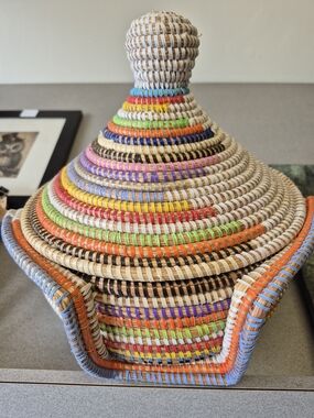 African Handwoven Multicolor Decorative Afua Basket with Lid